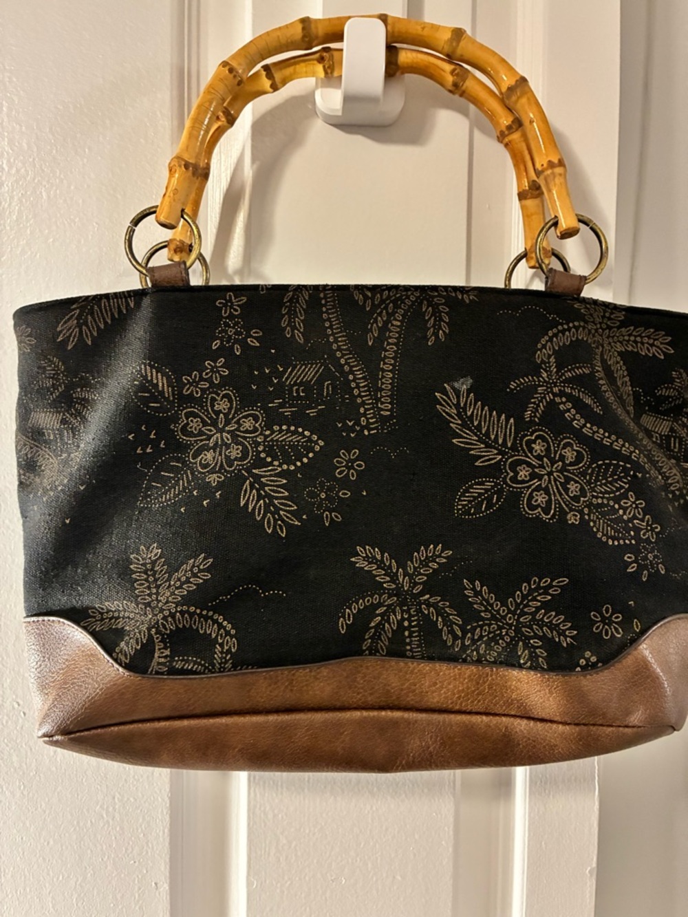 Sunny Hawaii Black Floral Canvas purse with Bamboo Handles and Brown Trim